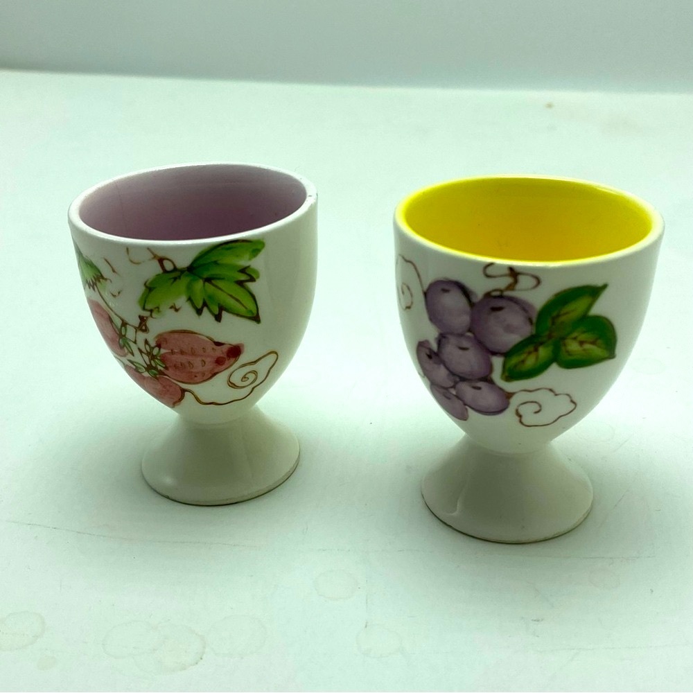 Set of 2 Vintage Japanese Hand Painted Egg Cups Fruit Pattern